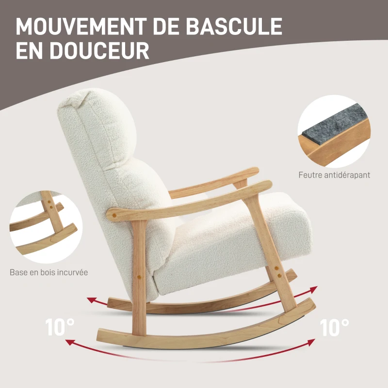 HOMCOM Fauteuil à bascule, rocking chair en velours teddy avec assise rembourré, dossier ergonomique, 65 x 90 x 98 cm, crème