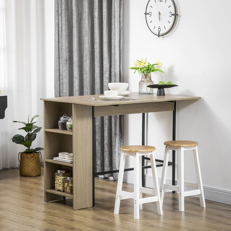 HOMCOM Ilot centra table de bar plateau latéral  rabattable et 3 étagères 120 x 76 x 91,4 cm gris clair