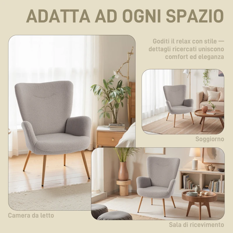 HOMCOM Poltrona Moderna in Tessuto Sherpa Imbottita con Schienale Alto e Braccioli, Grigio