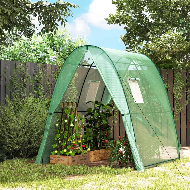 Outsunny Hoop House Greenhouse with Sandbags, Walk-In Tunnel Green House with 2 Doors and Screen Windows, 1.8 x 1.8 x 2m, Green