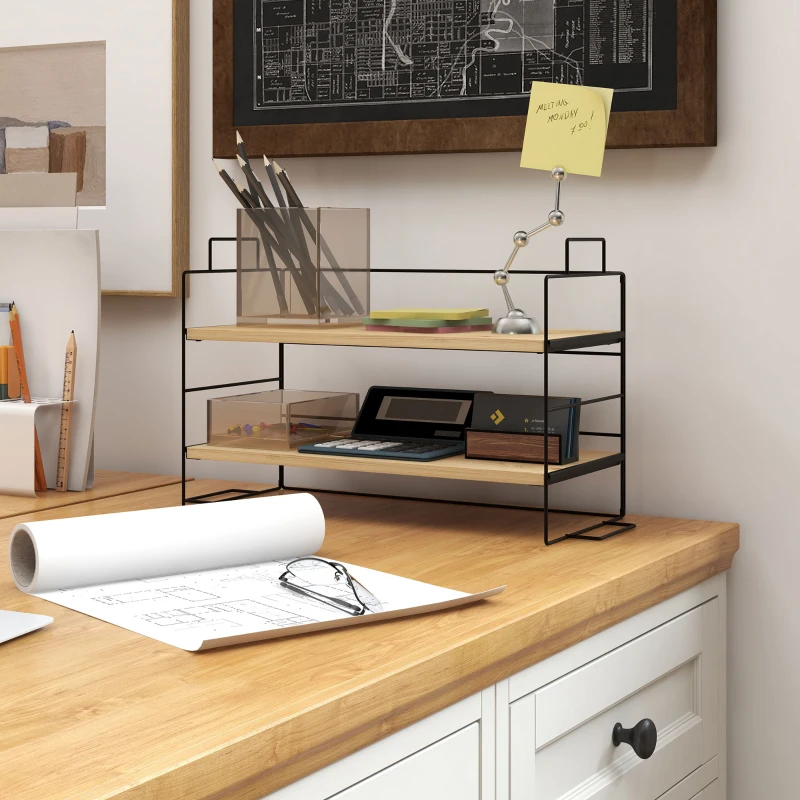 HOMCOM Organisateur de bureau, étagère de rangement à 2 niveaux, 42l x 16,5P x 24,5H cm, étagère en bois structure métal noir