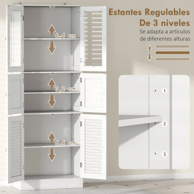 HOMCOM Columna de Baño Estrecha con Puertas de Vidrio Puertas de Lamas Estantes Ajustables 60x30x170 cm Blanco