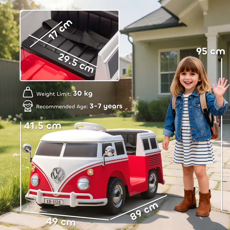 AIYAPLAY Mașinuță Electrică pentru Copii Licență Volkswagen T1 cu MP3 Player, din Metal și PP, 89x49x41.5 cm, Roșu