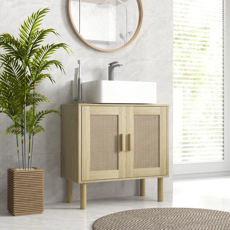 HOMCOM Meuble salle de bain sous lavabo meuble sous lavabo portes en rotin pieds bois de pin 2 niveaux 60 x 30 x 60 cm chêne
