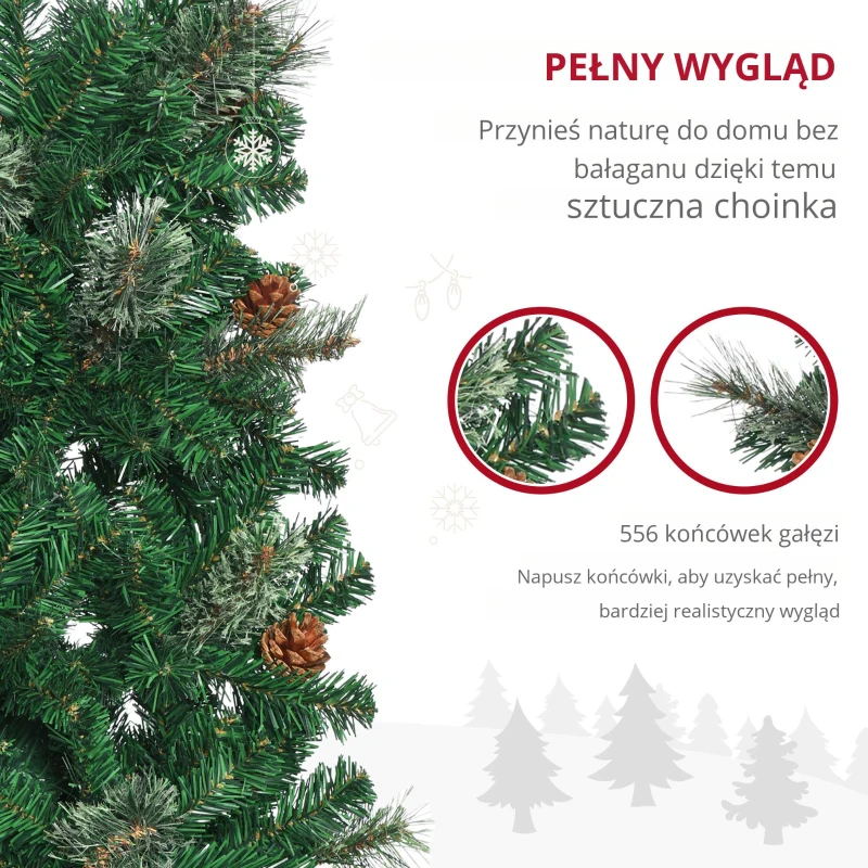 HOMCOM Sztuczna Choinka, Smukła, z Szyszkami, Ognioodporna, 54 x 195 cm, Zielona