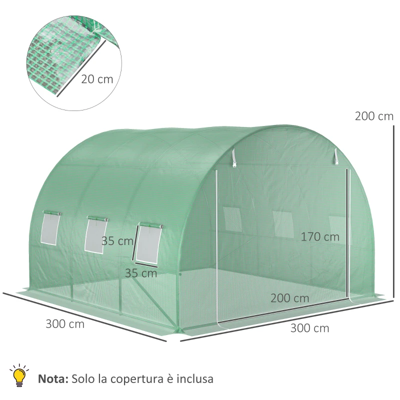 Outsunny Telo Serra in PE con 6 Finestre, Porta Avvolgibile e Bordi Interrati, 3x3x2 m, Verde