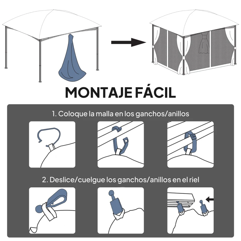 Outsunny 4 Paneles Laterales 3,4x2 cm para Carpa de Jardín Tela Mosquitera para Cenador Gazebo con Cremalleras y Anillas Negro
