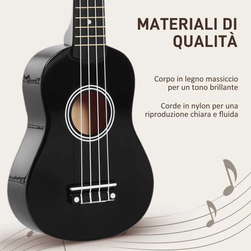 HOMCOM Ukulele per Principianti da 21 Pollici in Legno con Corde in Nylon, Plettro e Corda di Ricambio, Nero