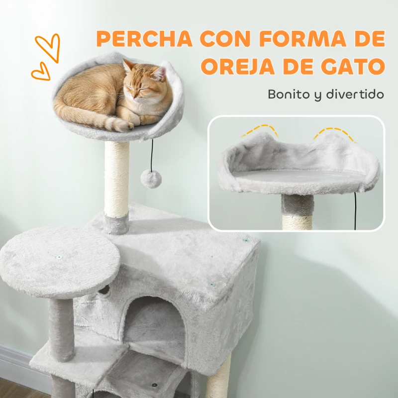 PawHut Árbol Rascador para Gatos 140 cm con Plataformas Cama 2 Cuevas Hamaca Escalera Postes de Sisal Gris Claro