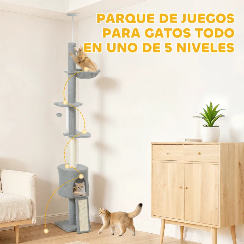 PawHut Árbol para Gatos de Piso a Techo Altura Ajustable 220-240cm con Hamaca Plataformas en Flor Cuevas Rampa Bola Gris Claro