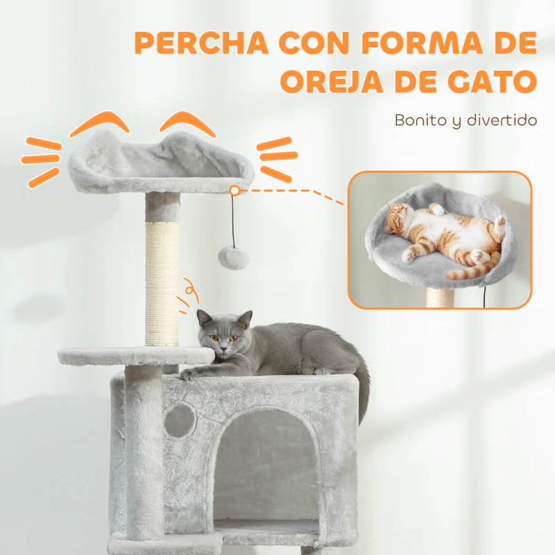 PawHut Árbol Rascador para Gatos 160 cm con Plataformas Cama 2 Cuevas Hamaca Escalera Postes de Sisal Gris Claro