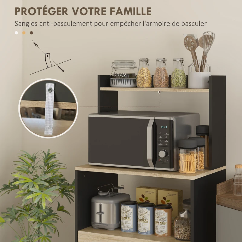 HOMCOM Meuble micro onde, buffet cuisine avec placard tiroir étagère supérieur, 60 x 40 x 131 cm chêne et noir