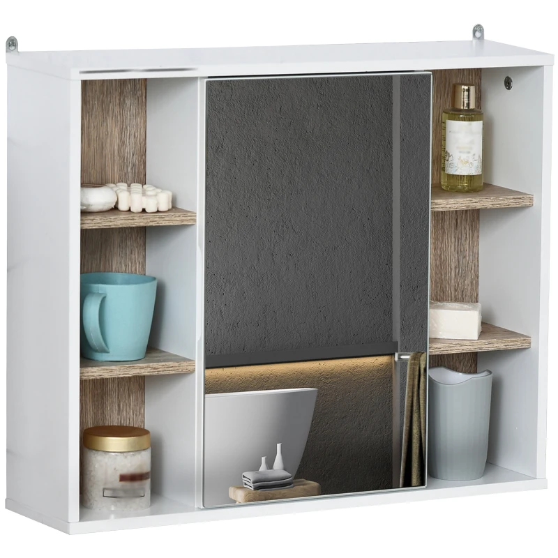 HOMCOM Armadietto con Specchio in MDF e Truciolato con 3 Ripiani Laterali e Ripiano Regolabile Interno, 60x14.5x49.4 cm