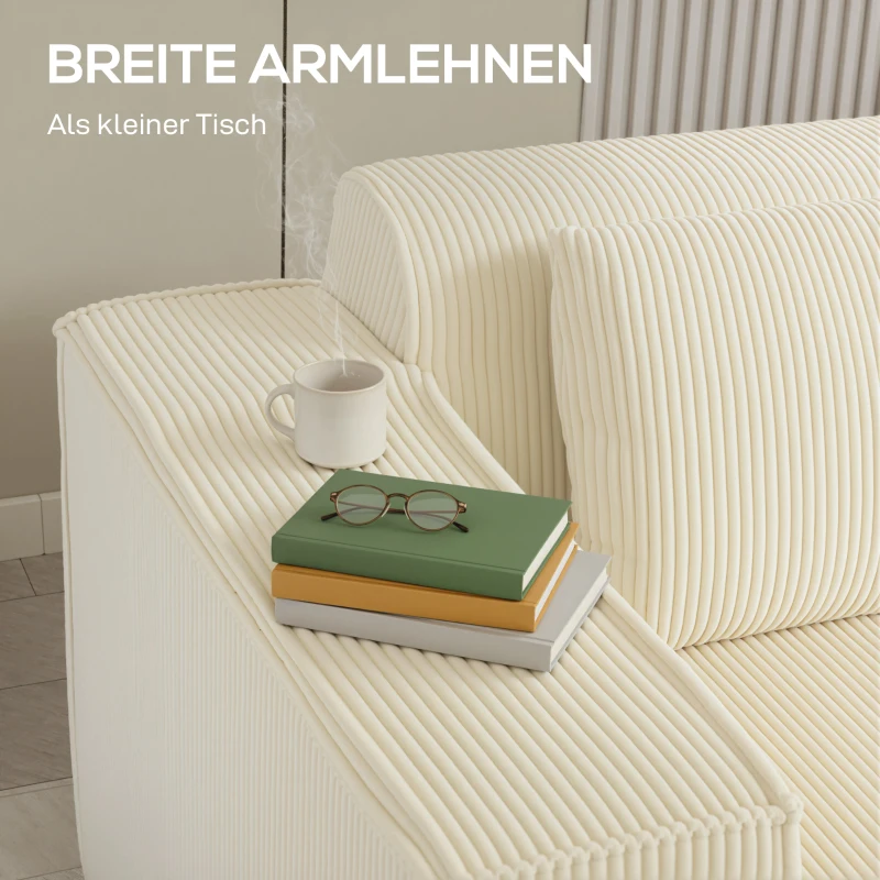HOMCOM 3-Sitzer-Sofa, weiche Schaumstoffstruktur, breite Armlehnen, 2 Kissen, Cordbezug, Beige