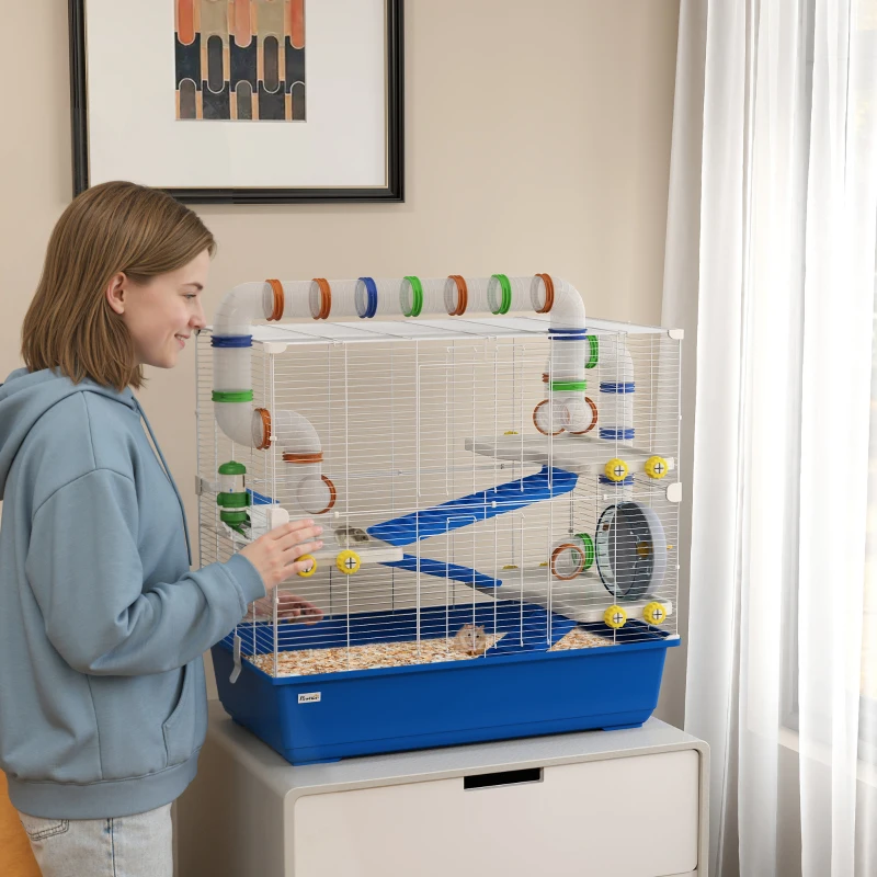 PawHut Hamsterkäfig mit 4 Ebenen, Kleintierkäfig mit Tunnelsystem, Hütte, Laufrad, für Zwerghamster, 78 x 45 x 73 cm, Blau
