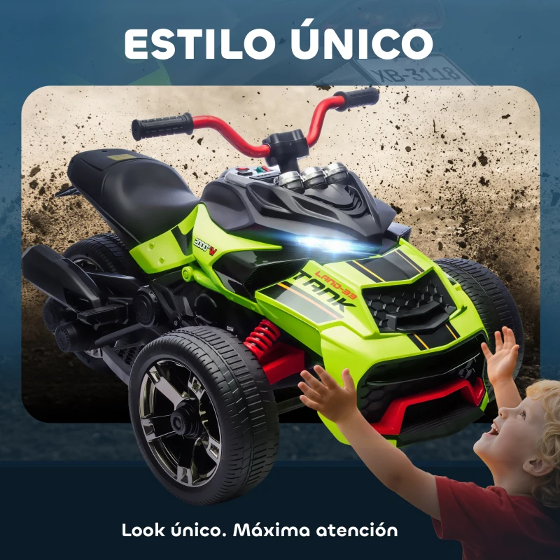 AIYAPLAY Quad Eléctrico para Niños 12V con 2 Motores Velocidad hasta 5 km/h 3 Ruedas Suspensión Verde