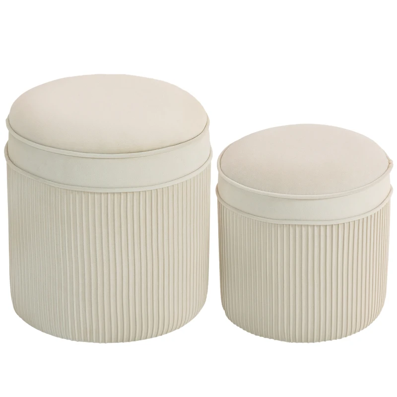 HOMCOM Lot de 2 poufs de rangement en velours, repose-pieds ronds gigognes avec couvercle amovible, Ø 36 et Ø 32 cm, crème