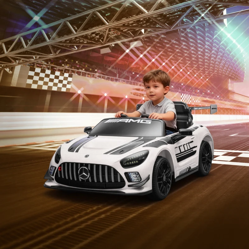 AIYAPLAY Coche Eléctrico para Niños Mercedes-AMG GT3 Evo con Mando a Distancia Motor Doble Ruedas Auxiliares Asa Música Blanco