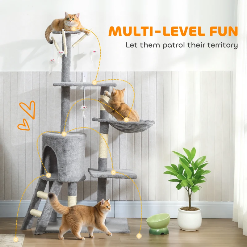 PawHut Multi-Level Cat Tower, 134cm Cat Tree with Condo and Sisal Scratching Posts for Indoor Kittens, Grey