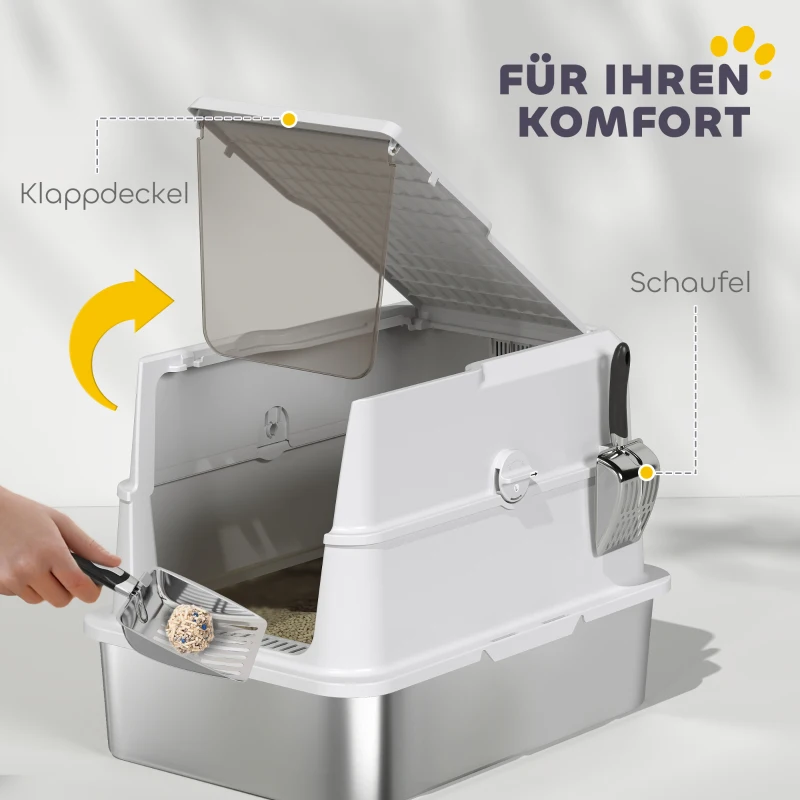 PawHut Katzentoilette, Edelstahl, XL-Innenraum, mit Schaufel, Hellgrau(m-7)