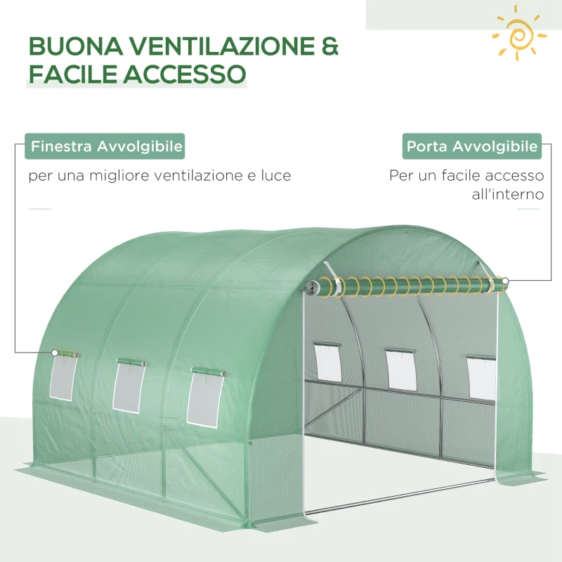 Outsunny Telo Serra in PE con 6 Finestre, Porta Avvolgibile e Bordi Interrati, 3x3x2 m, Verde