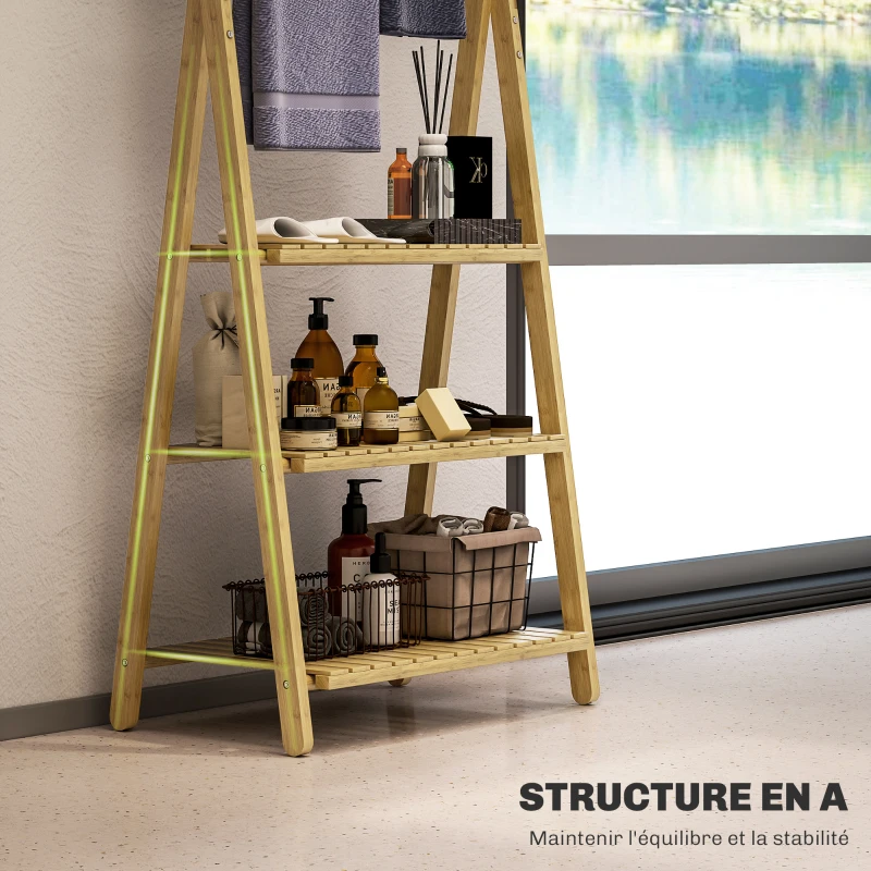 HOMCOM Étagère salle de bain en bambou pliable 3 niveaux étagère à échelle porte-serviettes 53,5x30x153cm effet bois naturel