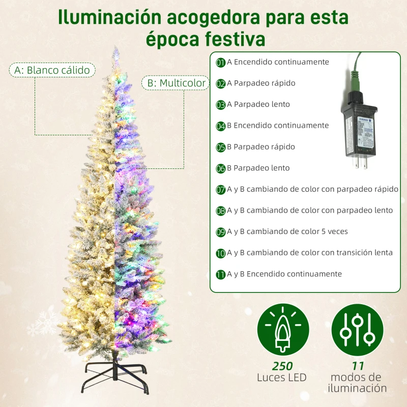 HOMCOM Árbol de Navidad Estrecho 210 cm con Luces LED Bicolores 11 Modos de Iluminación 687 Ramas Verde