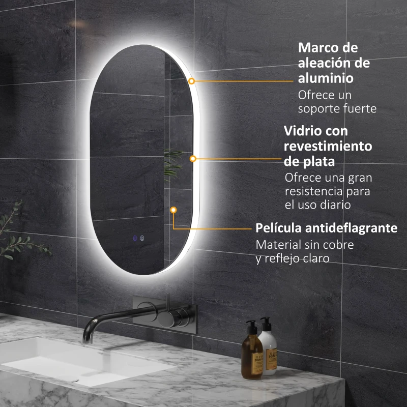 kleankin Espejo de Baño con Luces LED 81x51 cm Espejo de Pared con 3 Colores Interruptor Táctil Función de Desempañado Plata