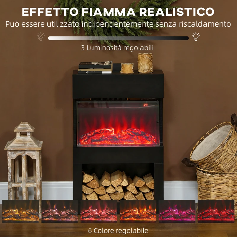 HOMCOM Camino Elettrico con Effetto Fiamma 3D Colorata, 1000W/2000W con Temperatura Regolabile e Telecomando, Nero