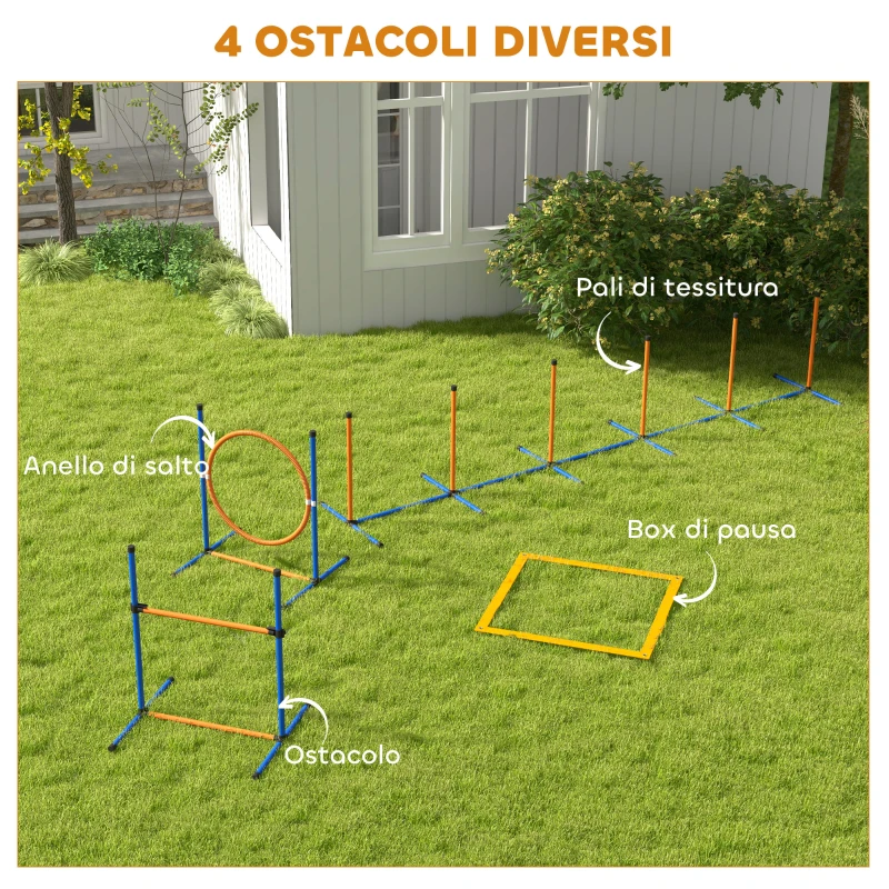 PawHut Set Agility Dog con Anello e Barra per Salto, Paletti Slalom, Fischietto, Palline e Borsa, Arancione