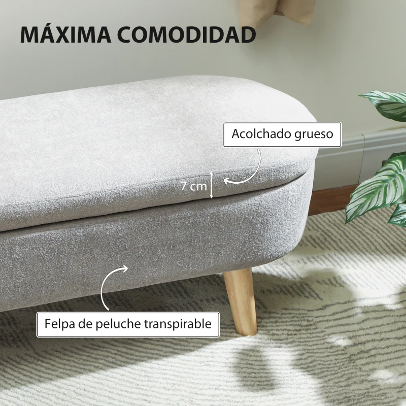 HOMCOM Puff Almacenaje Tapizado en Terciopelo de Teddy con Patas de Madera y Asiento Acolchado Gris Claro