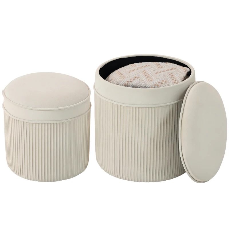 HOMCOM Lot de 2 poufs de rangement en velours, repose-pieds ronds gigognes avec couvercle amovible, Ø 36 et Ø 32 cm, crème
