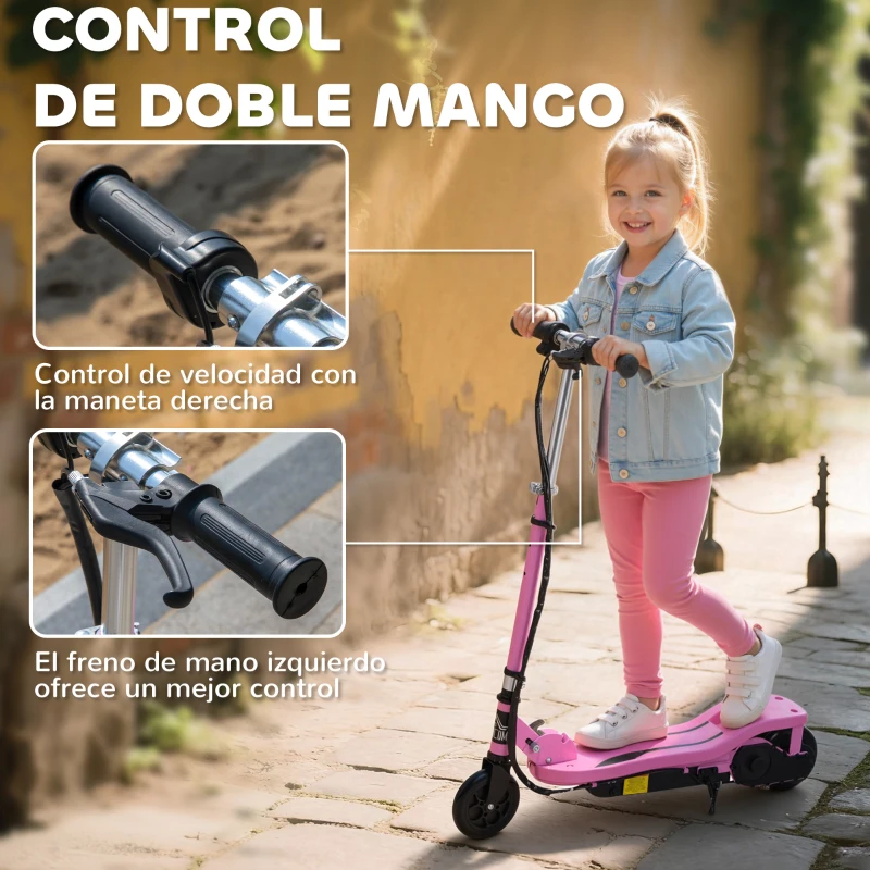 HOMCOM Patinete Eléctrico Plegable para Niños de 7-14 Años, Patinete Eléctrico con Velocidad Max. 12 km/h, Alcance de 8 km, Altura Ajustable, Freno de Mano, Rosa