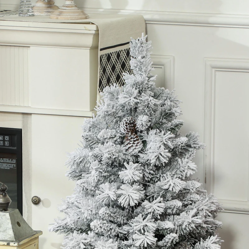 HOMCOM Choinka 90 cm, ze światełkami LED, gałęzie w śniegu, szyszki, ognioodporna, podstawa z betonu