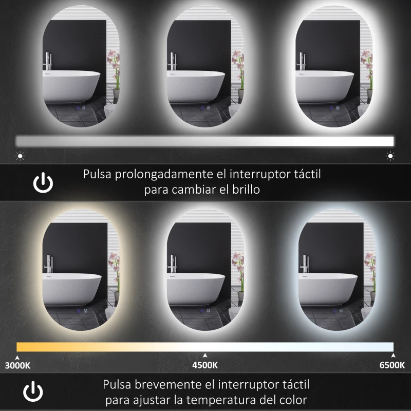 kleankin Espejo de Baño con Luces LED 81x51 cm Espejo de Pared con 3 Colores Interruptor Táctil Función de Desempañado Plata