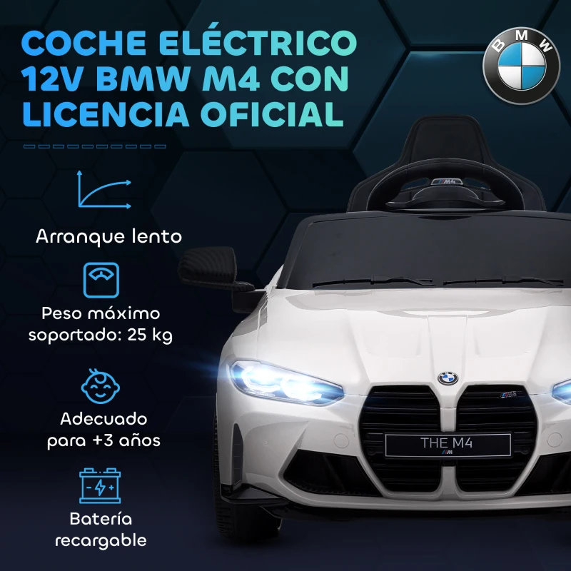 AIYAPLAY Coche de Batería para Niños 12V BMW M4 con Mando a Distancia Faros Bocina Música Velocidad 3-5 km/h Blanco