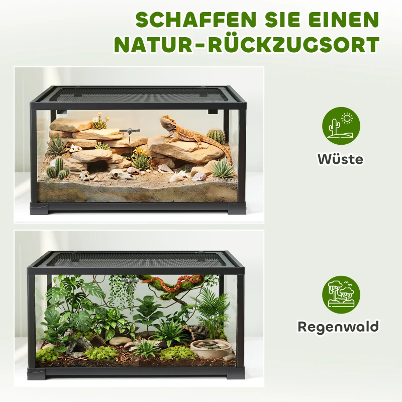 PawHut Reptilien-Terrarium, 86 Liter Vivarium mit Schiebetür, verschließbar, für Echsen, Insekten, Spinnen, Geckos, 60 x 45 x 32 cm, Schwarz
