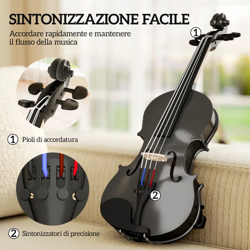HOMCOM Violino 4/4 in Legno di Abete e Acero con Custodia, Arco, Spalliera e Pece, Nero