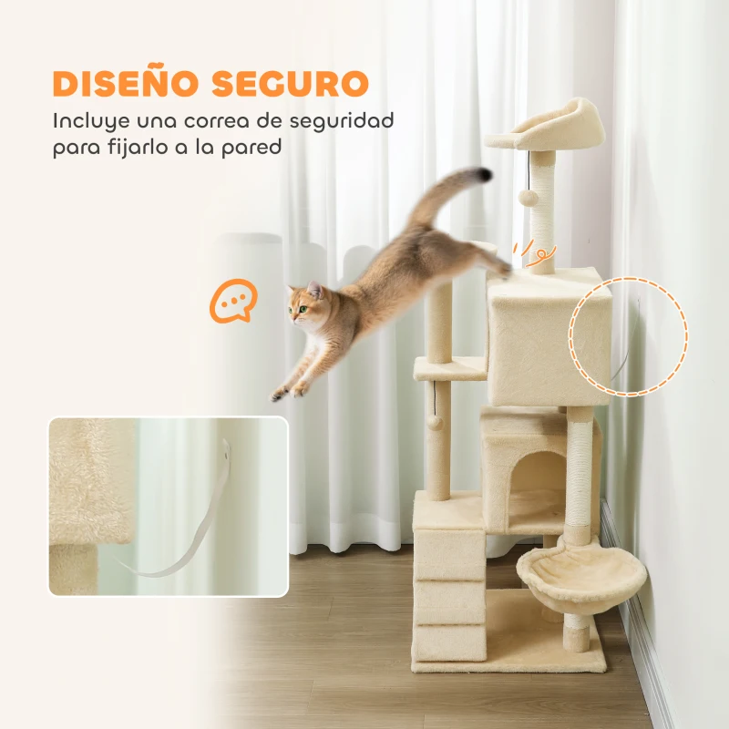 PawHut Árbol Rascador para Gatos 140 cm con Plataformas Cama 2 Cuevas Hamaca Escalera Postes de Sisal Beige