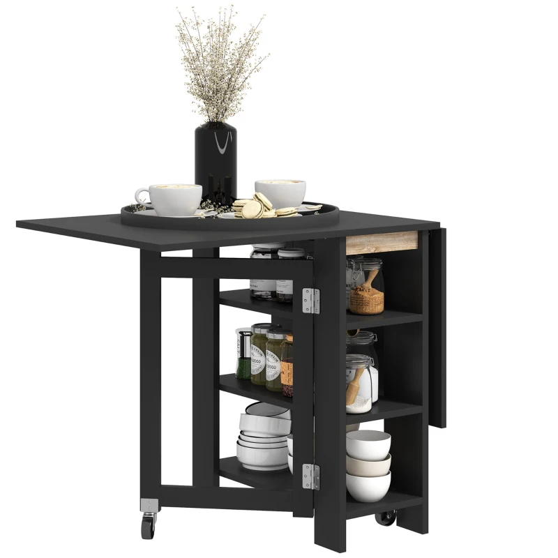 HOMCOM Mesa de Cocina Plegable con Alas Abatibles 2 Ruedas y Estantes Estilo Moderno 120x60x75 cm Negro