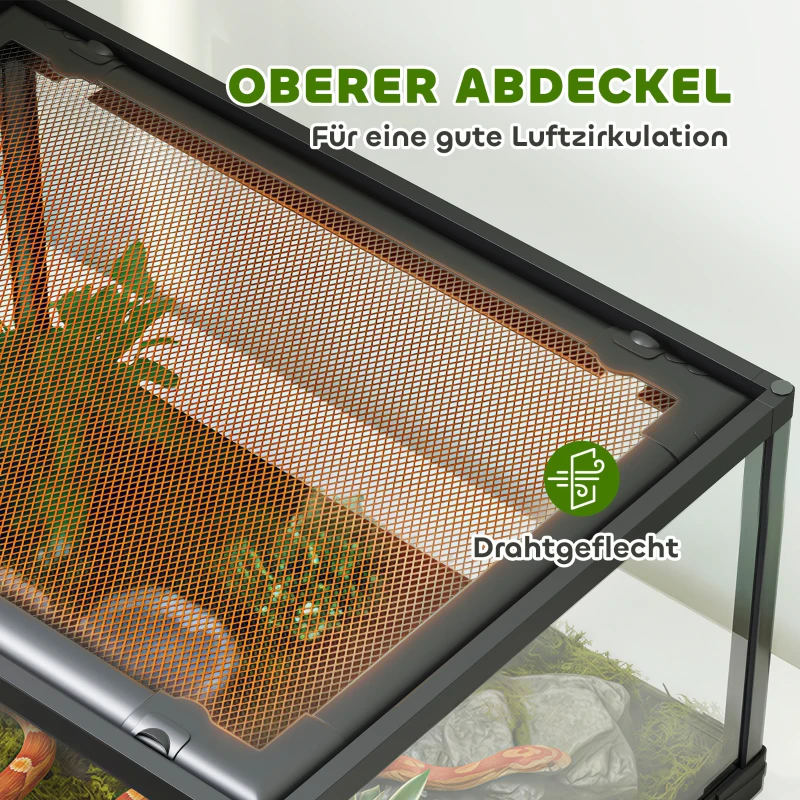PawHut Reptilien-Terrarium, 86 Liter Vivarium mit Schiebetür, verschließbar, für Echsen, Insekten, Spinnen, Geckos, 60 x 45 x 32 cm, Schwarz
