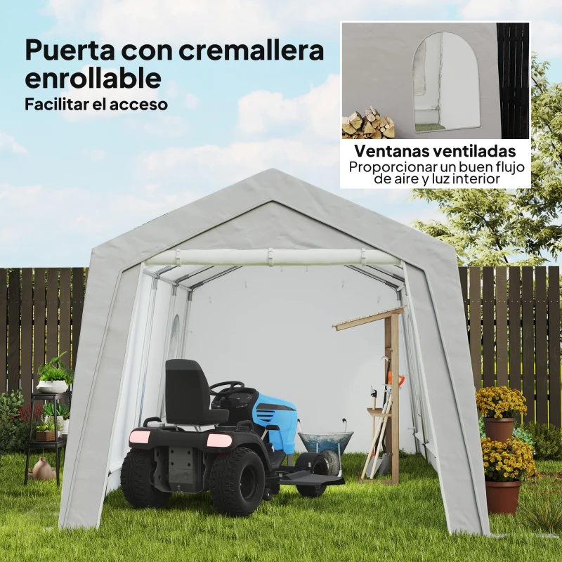 Outsunny Carpa de Almacenamiento Exterior 3x6 m con Tela PE Resistente al Agua y Rayos UV Puerta Enrollable y Ventanas Gris