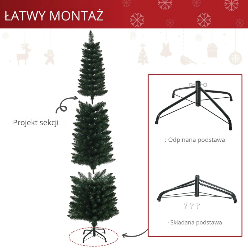 HOMCOM Sztuczna choinka, 180 cm z 380 gałęziami, smukła forma, składany metalowy stojak, dekoracje świąteczne, Zielony