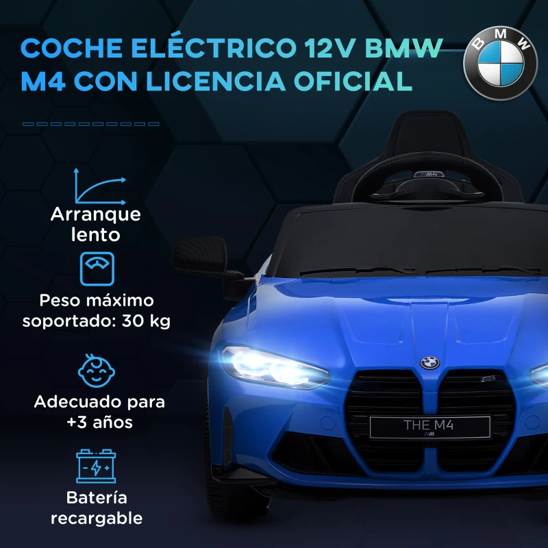 AIYAPLAY Coche de Batería para Niños 12V BMW M4 con Mando a Distancia Faros Bocina Música Velocidad 3-5 km/h Azul