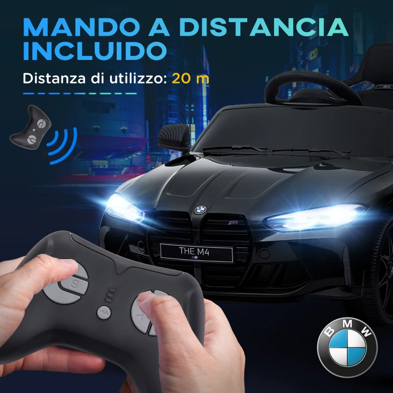 AIYAPLAY Coche de Batería para Niños 12V BMW M4 con Mando a Distancia Faros Bocina Música Velocidad 3-5 km/h Negro