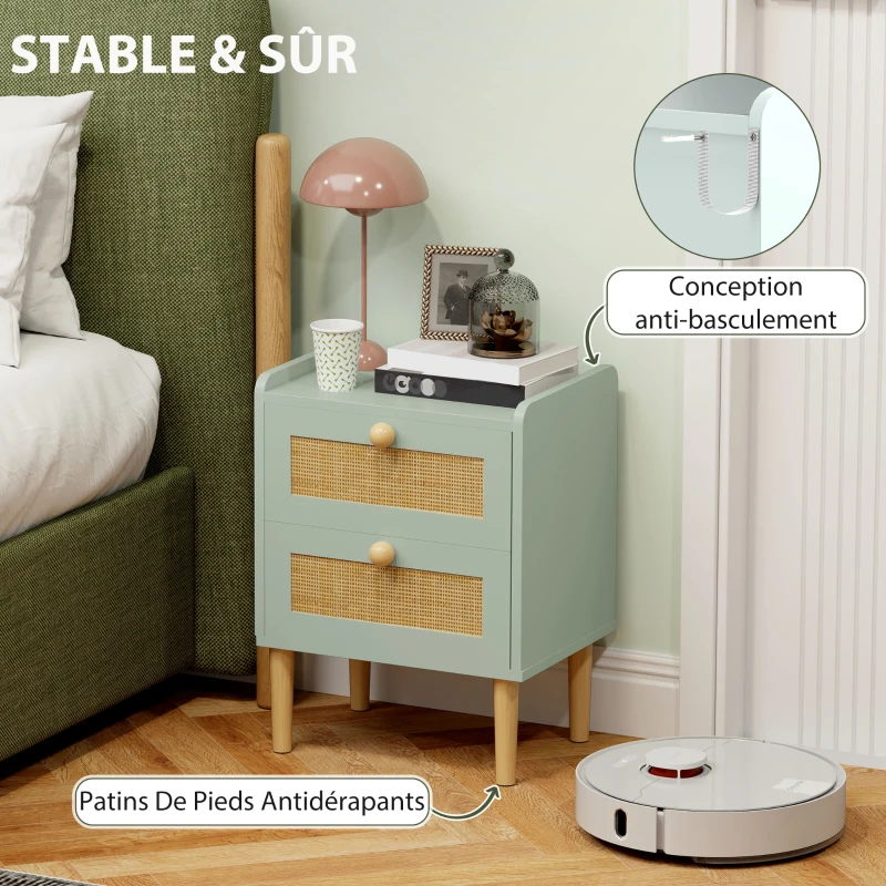 HOMCOM Commode design bohème en résine tressée avec 2 tiroirs, meuble de rangement 39,8 x 30 x 52,5 cm, vert olive