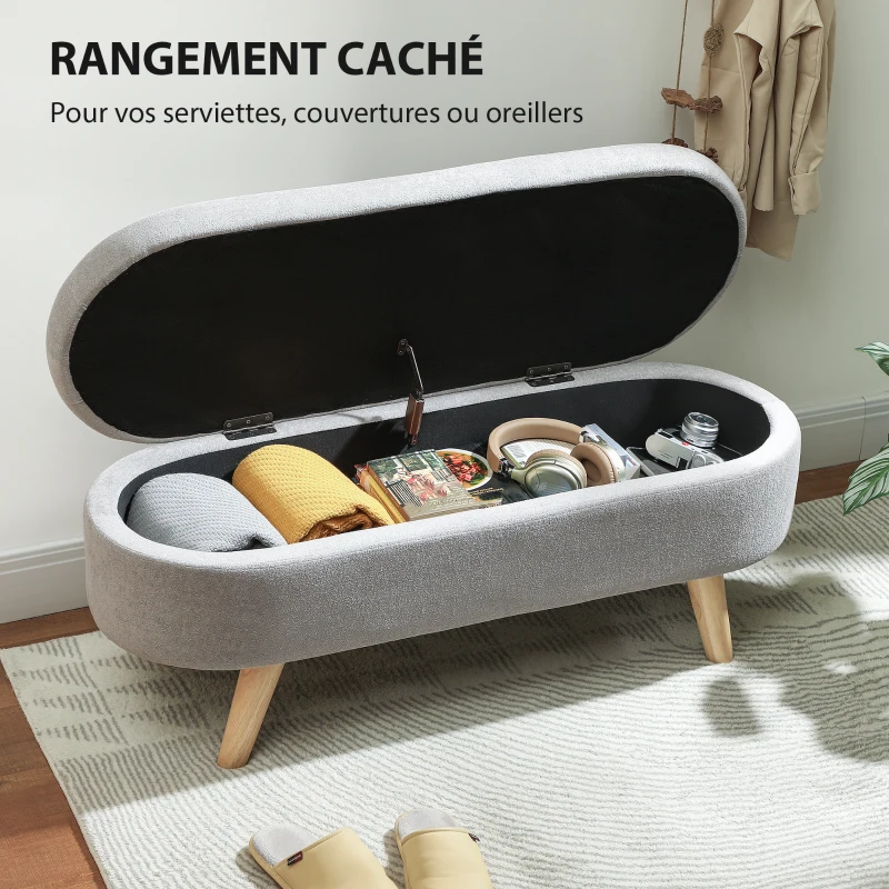 HOMCOM Banc banquette bout de lit coffre de rangement 2 en 1 en tissu avec pieds en bois 110l x 40P x 43H cm gris clair