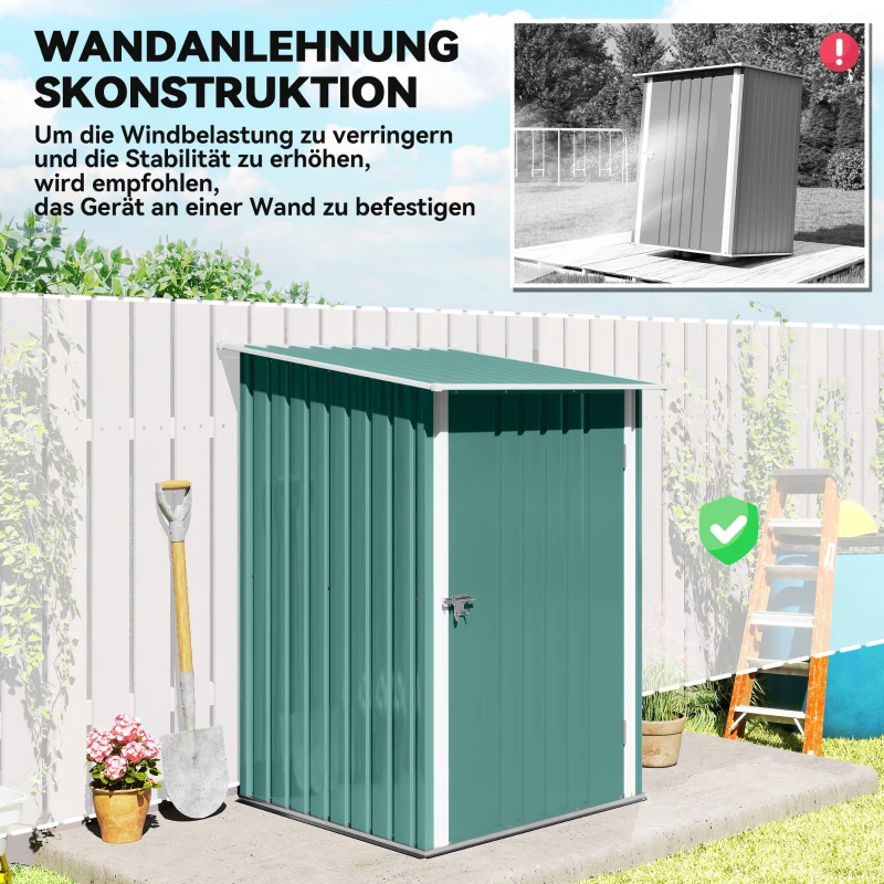 Outsunny Gerätehaus Metall, Gartenschuppen mit Pultdach, Abschließbare Tür, Außenbereich, 100x103x160 cm, Grün