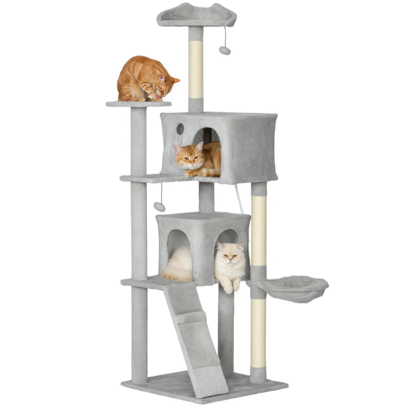 PawHut Árbol Rascador para Gatos 180 cm con Plataformas Cama 2 Cuevas Hamaca Escalera Postes de Sisal Gris Claro