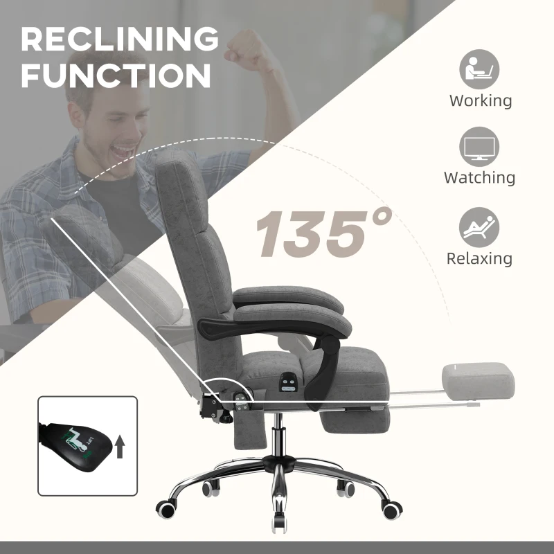 Vinsetto Massage Office Chair, Ergonomic Desk Chair, Comfy Work Study Chair with Heat, Padded Seat, 135° Reclining Back and Footrest for Home Office, Charcoal Grey